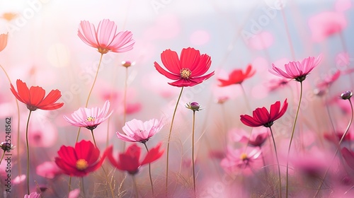 Pink and red cosmos flowers garden,Blurry to soft focus and retro film look new color intrend tone,generative ai