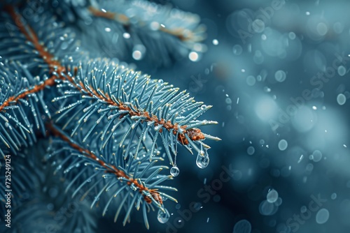 Blue spruce with drops of snow melting macro