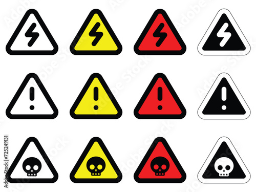 set danger triangle various different colors skull electrical volt alert warning sign of caution hazard traffic icon vector flat design for website mobile isolated on white Background