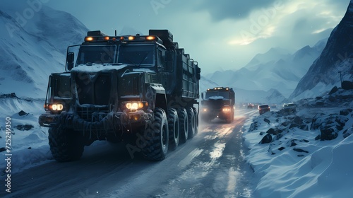 A convoy of AI-driven supply trucks, navigating a treacherous snowy terrain, as they transport vital equipment to a remote military outpost in a strategic Arctic region