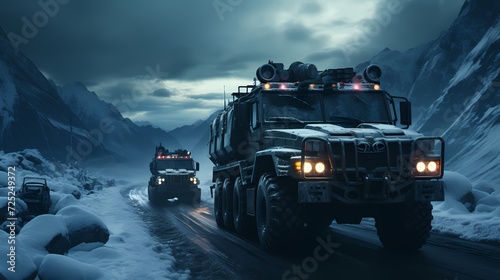 A convoy of AI-driven supply trucks, navigating a treacherous snowy terrain, as they transport vital equipment to a remote military outpost in a strategic Arctic region photo