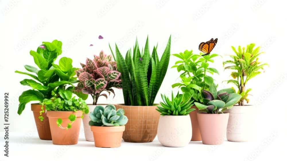 kinds of colorful flower plant and butterfly on pot in spring season on white background, video looping background decoration 
