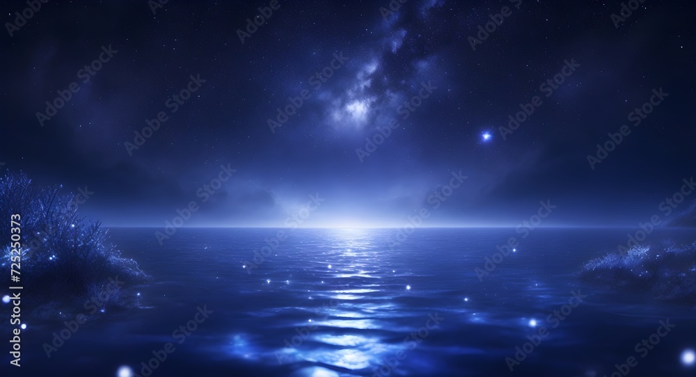 Fantasy landscape. Mountain and forest in the fog at night. Night landscape with lake, stars and blue sky. 
