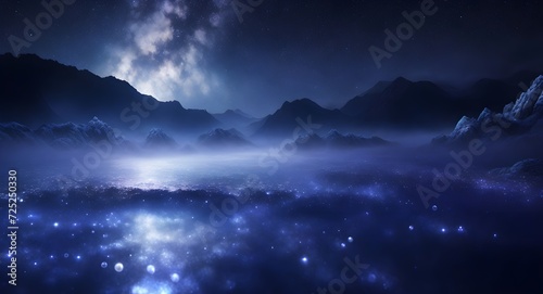Fantasy landscape. Mountain and forest in the fog at night. Night landscape with lake, stars and blue sky. 