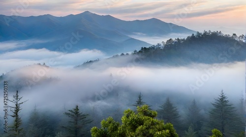 Beautiful landscape with fog in the mountains at sunrise. Nature background