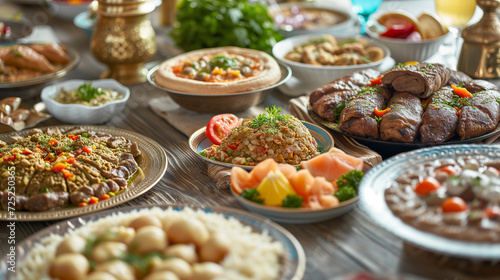 Many kinds of foods and appetizer on the dining table. Fasting concept with iftar table. Traditional foods.