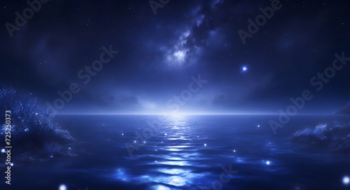 Fantasy landscape. Mountain and forest in the fog at night. Night landscape with lake, stars and blue sky.  © anamulhaqueanik