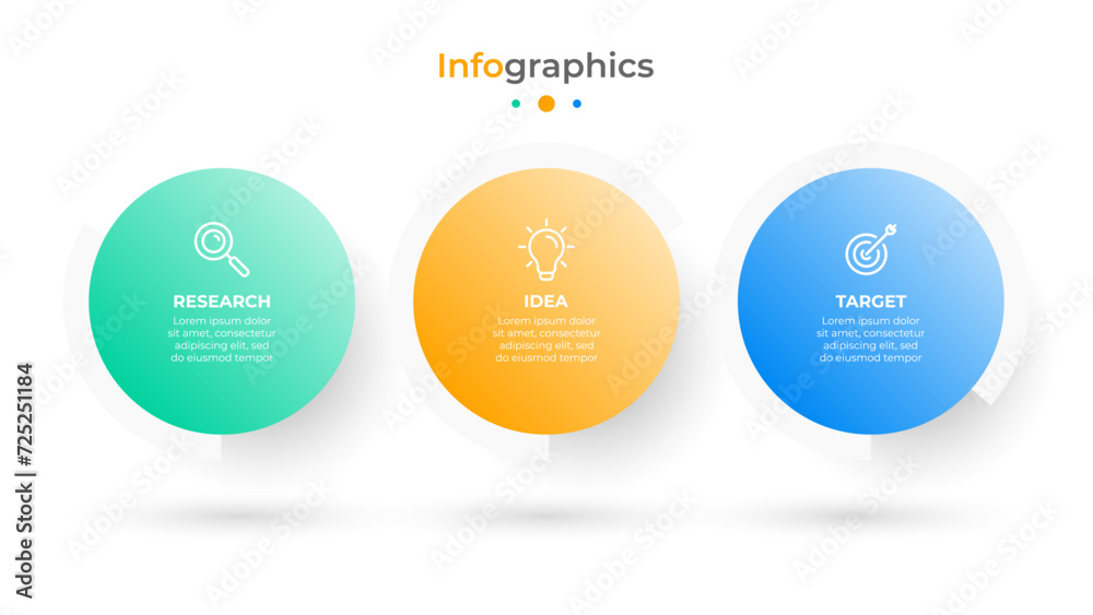 Business Infographic Circles elements. Timeline processes with 3 steps, options. Vector chart. - obrazy, fototapety, plakaty 