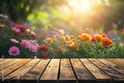 Blurred nature flower garden background and empty wood © cong