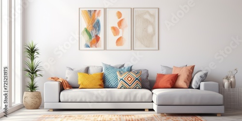 Bright living room interior with a grey corner couch, three patterned pillows, painting, and white rug. photo