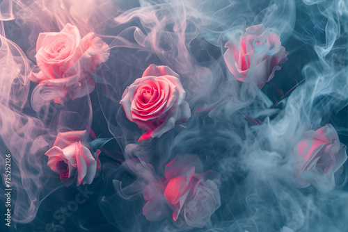 Background with roses and smoke. Good for wallpaper, interior, poster.