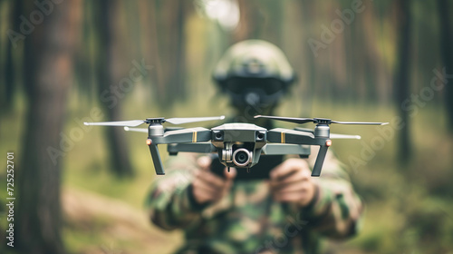 The blurred figure of operator in camouflage controls a combat drone. Drone is in focus.