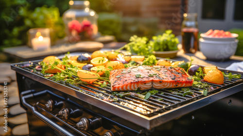 Barbecue outdoors in the garden. Salmon steak and vegetables on a stainless grill close-up.