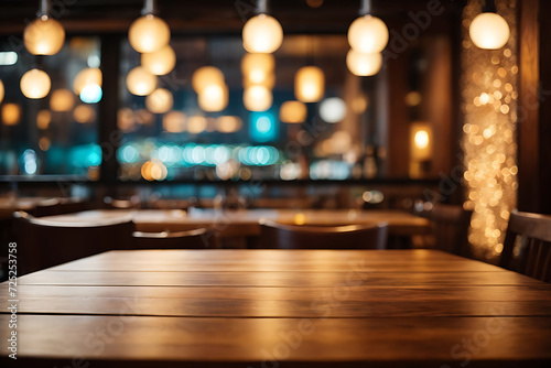 image of wooden table in front of abstract blurred background of restaurant lights © SAGOR