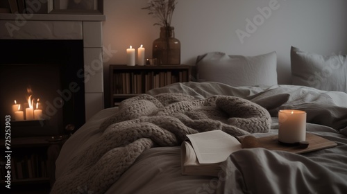 a bed with candles and blankets and books, in the style of cinematic mood, dark beige, dark beige and gray, 8k resolution, calming and introspective aesthetic warmcore photo