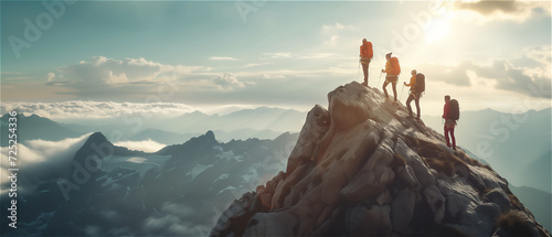 Background with a team of four rock climbers reaching summit, conquering rocky mountain top, and savoring breathtaking scenery of beautiful landscape view photo