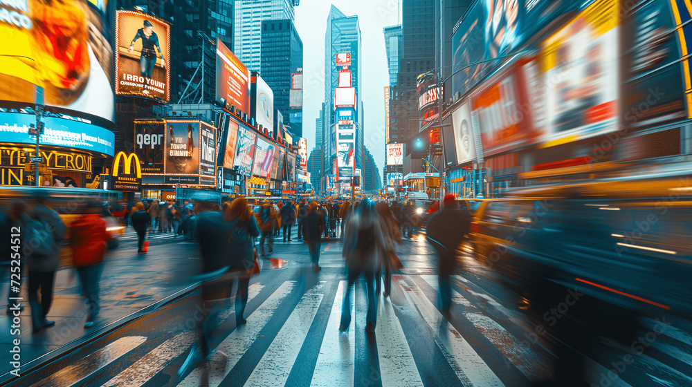 Times Square Hustle: Pedestrians and Blurred Traffic Amidst Glowing Billboards