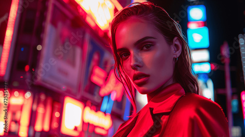 Close-up of a Young Woman Against Neon City Lights at Night