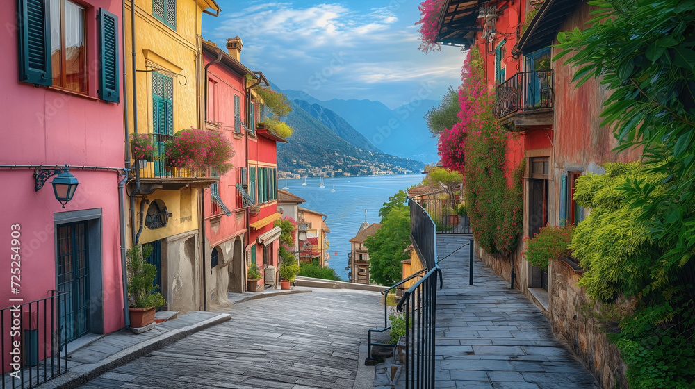 Scenic Lake View from a Flower-Adorned Italian Alley