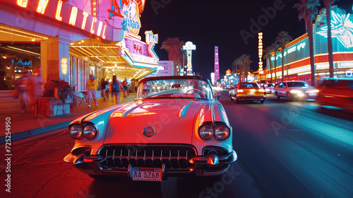 Vintage Red Corvette on Las Vegas Strip at Night photo