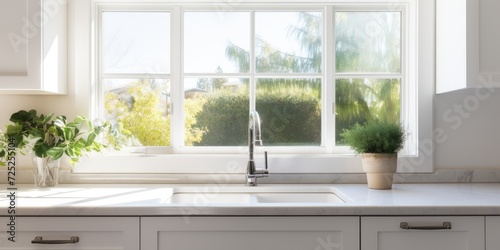 Gorgeous white sink by window in contemporary kitchen.