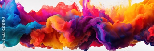 Abstract multicolored powder explosion on white background.Colorful dust explode. Painted Holi powder festival. A colourful powder explosion of holi paint