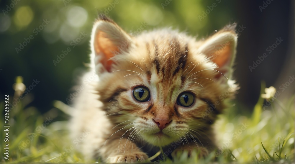 Young cute kitten playing on the grass from Generative AI