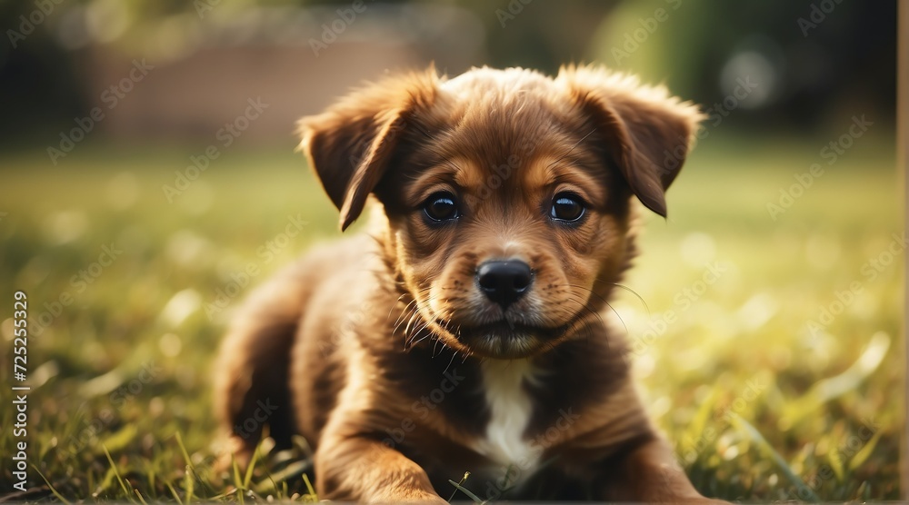 Young cute brown puppy playing on the grass from Generative AI Young cute brown puppy playing on the grass from Generative AI