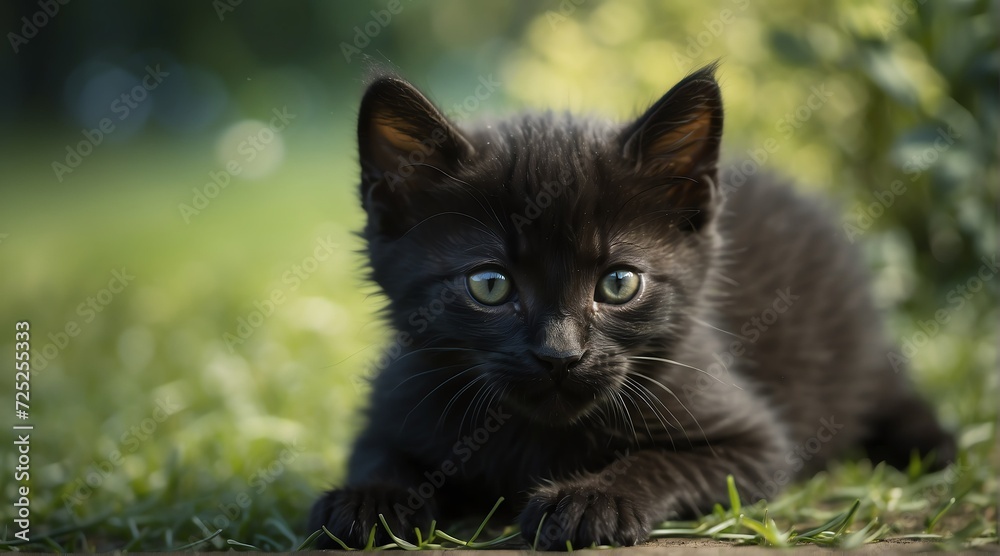 Young cute black kitten playing on the grass from Generative AI