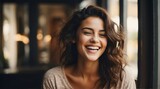 Portrait of a happy young brunette woman laughing from Generative AI