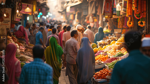 Bustling Indian Market Street with Colorful Stalls and Shoppers