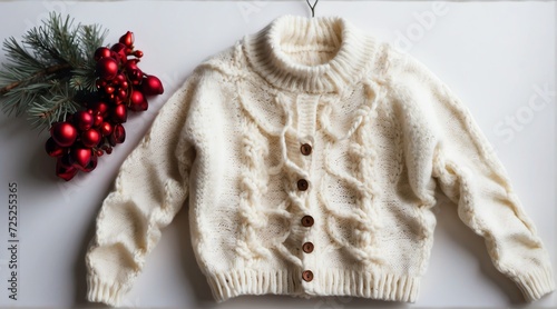 White knitted Christmas winter holiday ornated sweater clothes knitwear on white background from Generative AI