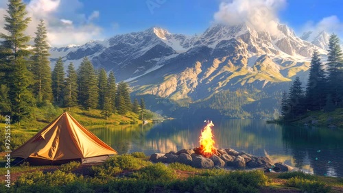 beautiful landscape camping in the mountains background. seamless looping time-lapse virtual 4k video animation background