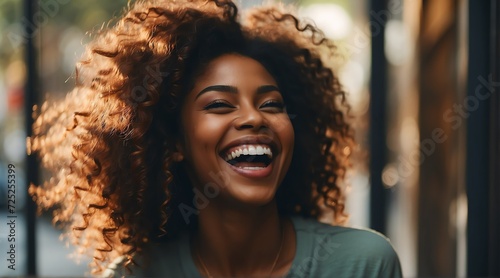 Portrait of a happy young black woman laughing from Generative AI