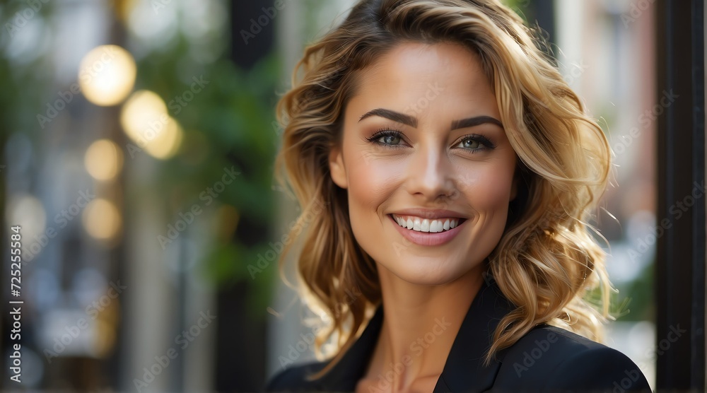 Obraz premium Close up portrait of a professional business woman smiling outdoor from Generative AI