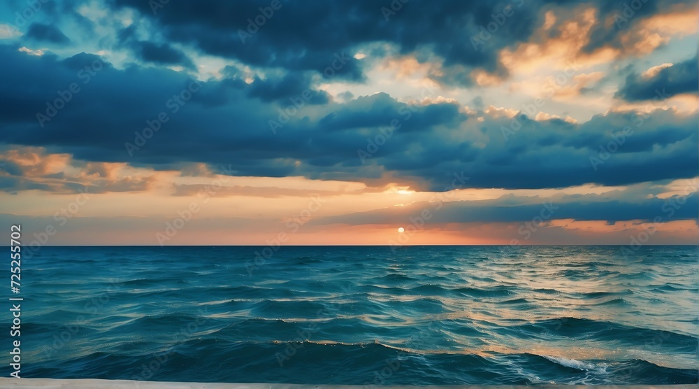 Blue ocean water surface with horizon and a sunset cloudy sky from Generative AI