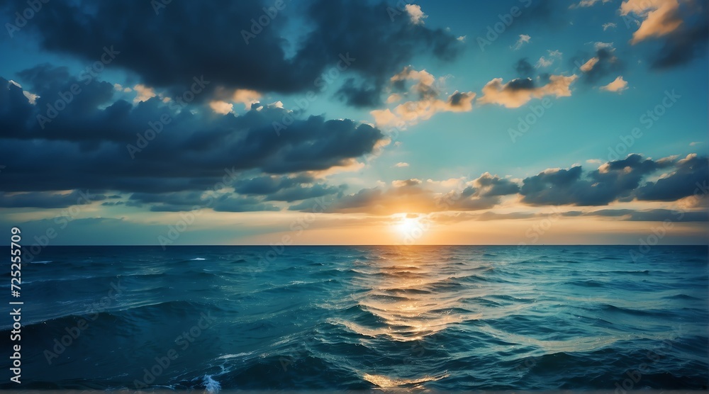 Fototapeta premium Blue ocean water surface with horizon and a sunset cloudy sky from Generative AI