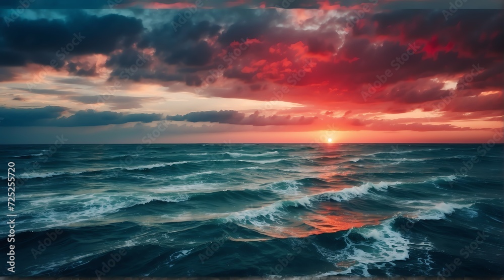 Blue ocean water surface with horizon and a red cloudy sky from Generative AI