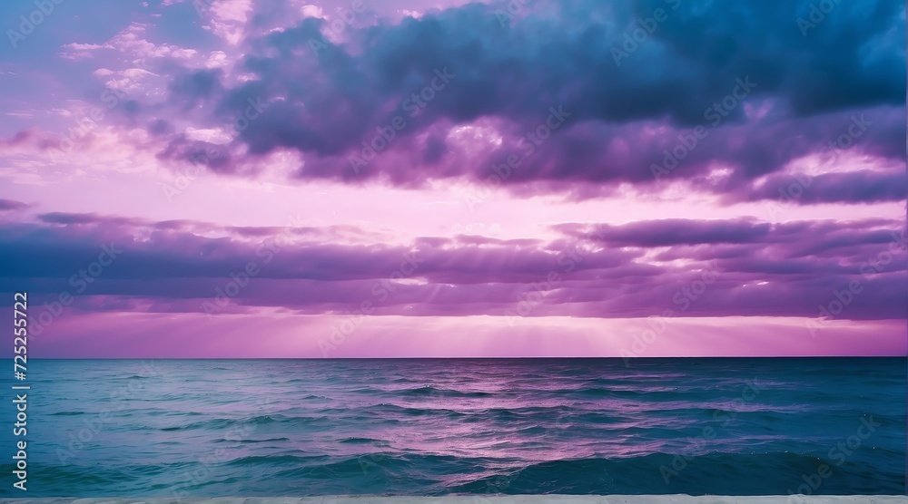 Fototapeta premium Blue ocean water surface with horizon and a purple cloudy sky from Generative AI