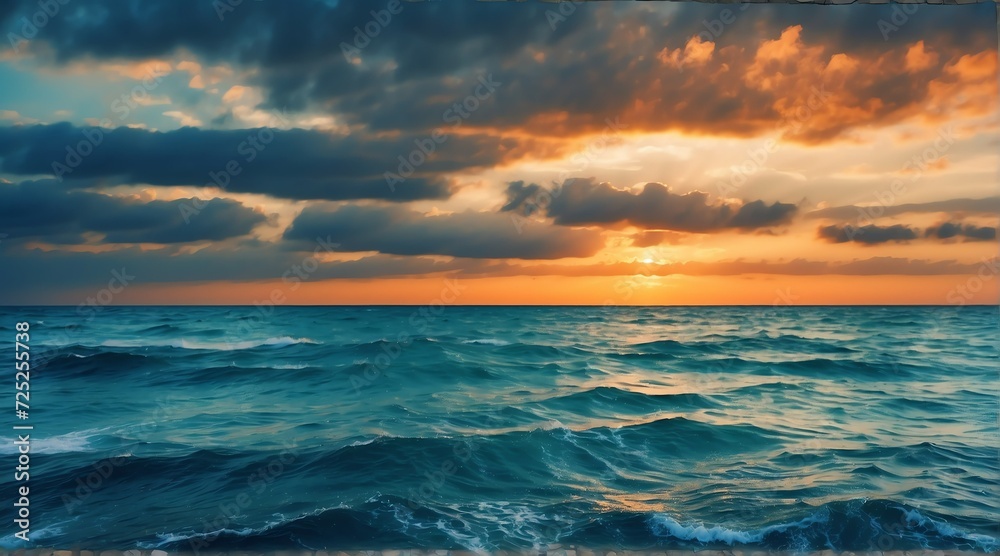 Blue ocean water surface with horizon and a orange cloudy sky from Generative AI