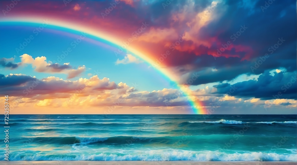 Blue ocean water surface with horizon and a colorful rainbow cloudy sky from Generative AI