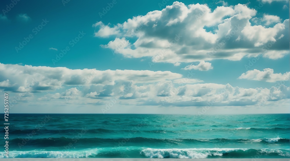 Blue ocean water surface with horizon and a green cloudy sky from Generative AI