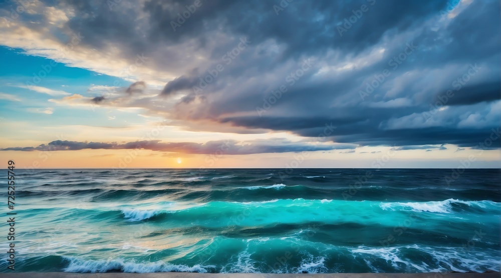 Fototapeta premium Blue ocean water surface with horizon and a colorful rainbow cloudy sky from Generative AI