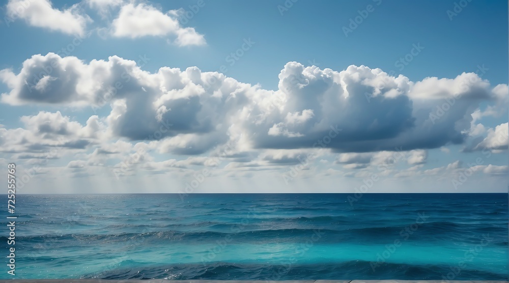 Blue ocean water surface with horizon and a cloudy sky from Generative AI