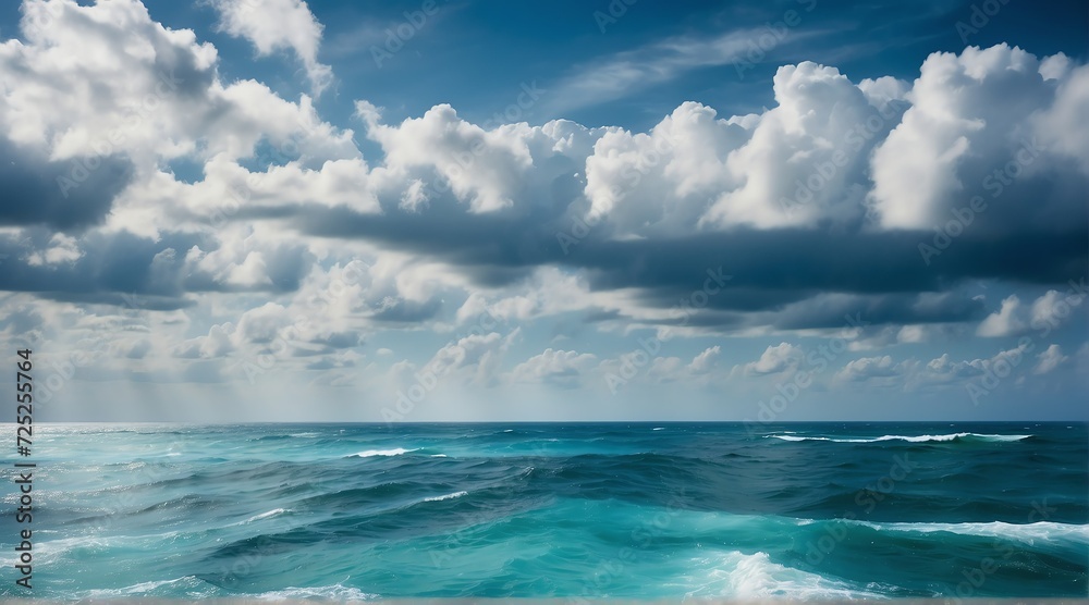 Blue ocean water surface with horizon and a cloudy sky from Generative AI Blue ocean water surface with horizon and a cloudy sky from Generative AI