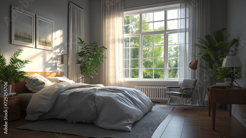 Cozy bedroom interior in home mockup 3d rendering. Generative AI © 종건 유