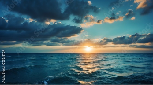 Blue ocean water surface with horizon and a sunset cloudy sky from Generative AI