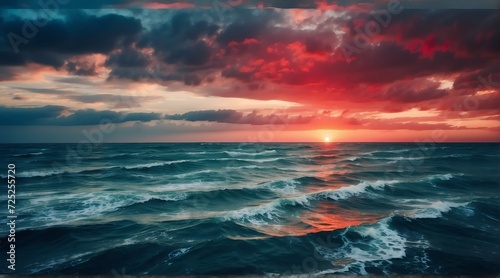 Blue ocean water surface with horizon and a red cloudy sky from Generative AI