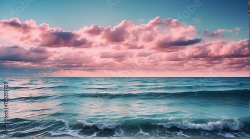 Blue ocean water surface with horizon and a pink cloudy sky from Generative AI