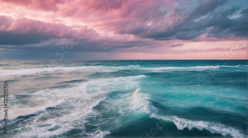 Blue ocean water surface with horizon and a pink cloudy sky from Generative AI